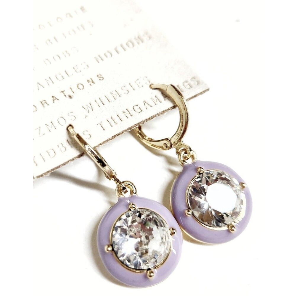 Anthropologie Round Enamel Dangle Earrings Lavender Gold Plated Brass NWT